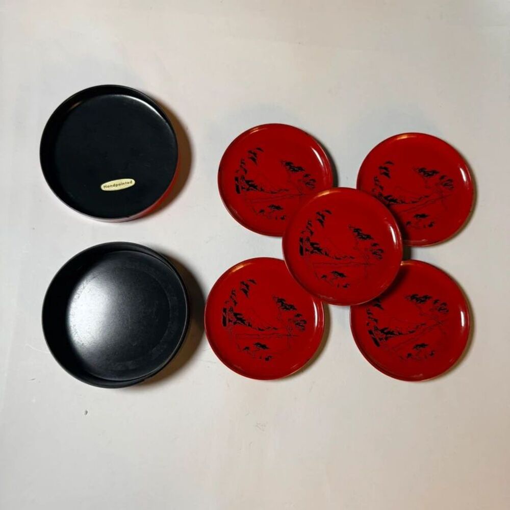Vintage Japanese Red Lacquerware Coaster Set with Box Mount Fuji MCO Japan